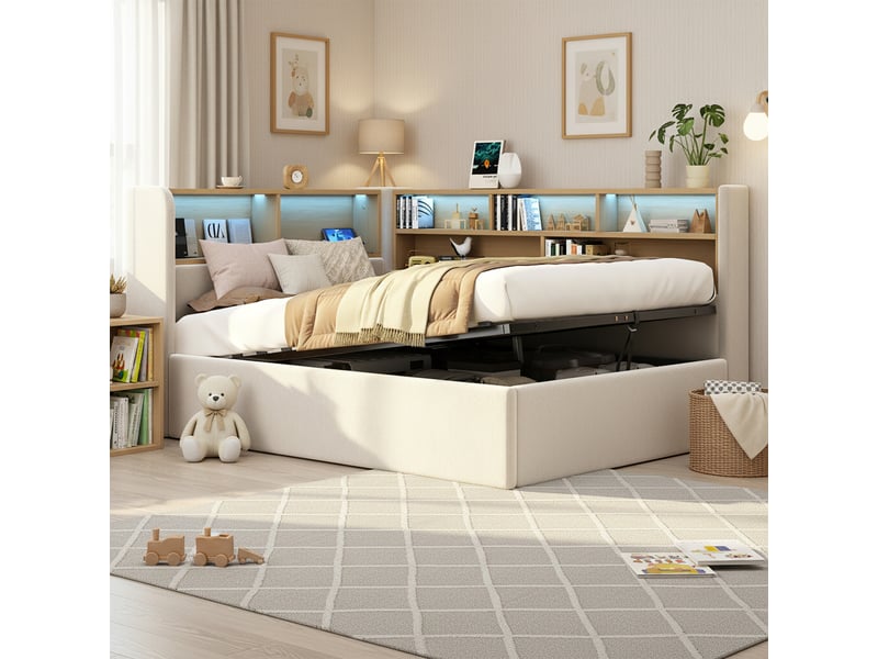  Canape lit 90x200 cm avec rangement hydraulique, lit rembourré, lit de jour avec led, usb et dossier, structure de lit, beige  - Conforama C
