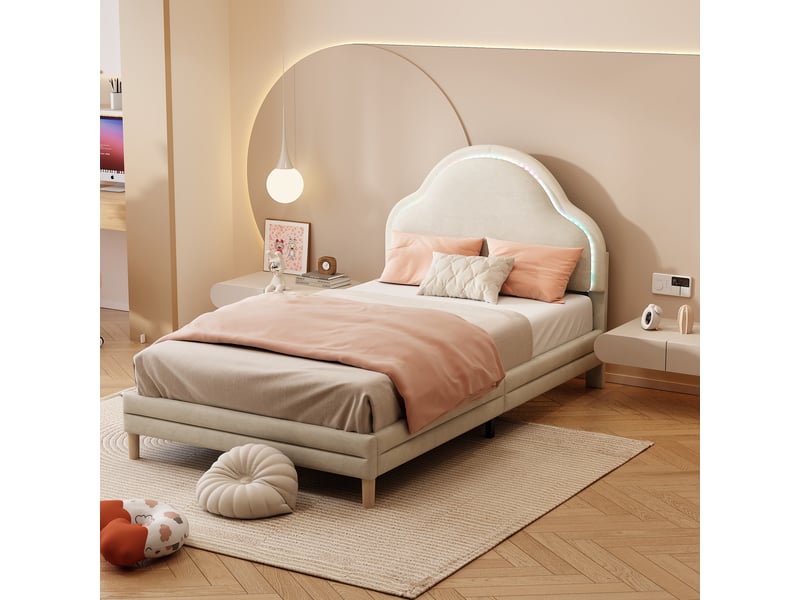  Cadre de lit simple 90x200 cm velours beige tête de lit nuage avec led multicolore et sommier  - Conforama C