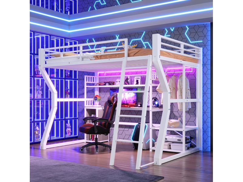  Lit mezzanine 140x200 cm avec bureau, rangements et bande lumineuse blanc  - Conforama D