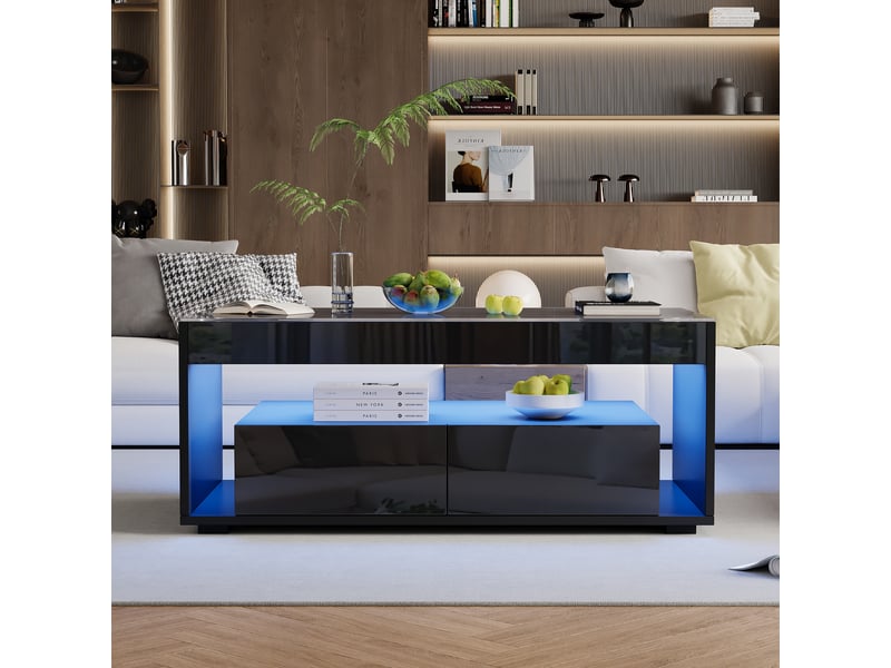  Table basse noire avec led 100x50x40 cm, table de salon avec 2 tiroirs et plateau en verre trempé  - Conforama R