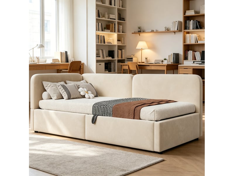  Lit banquette, 90 x 200 cm, pour chambre, dossier réversible, matelas non inclus, mdf et métal et bois, coloris beige  - Conforama D