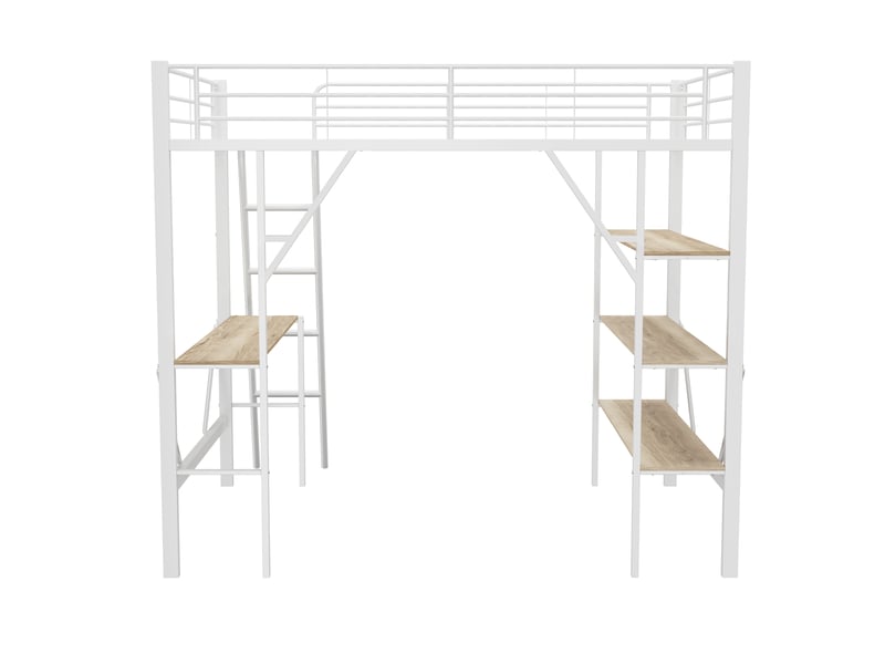 Lit mezzanine blanc 90x200 cm en métal avec bureau et 3 grandes étagères - Conforama E