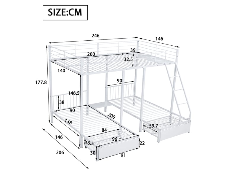 Lit superposé enfant 140x200 cm – blanc – 3 couchages modulables en métal avec 2 tiroirs, sans matelas - Conforama C