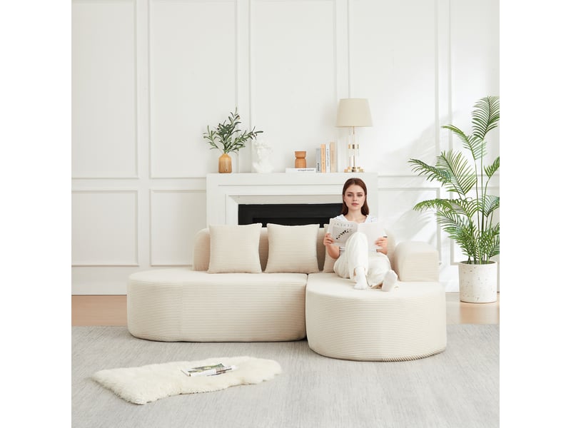Canapé modulable en l 220 cm en velours côtelé, avec dossier et accoudoirs incurvés, 3 coussins - beige - Conforama B