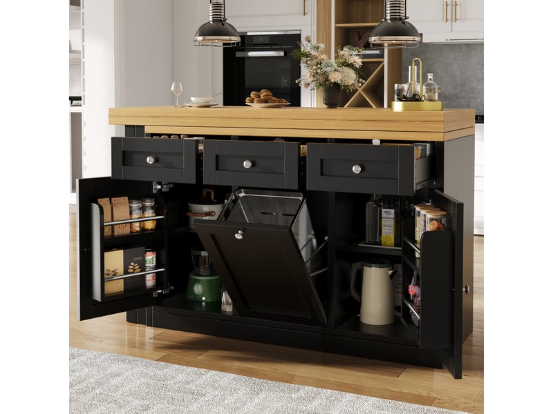  Table de bar extensible, îlot de cuisine avec rangement, table pliante, tiroir, support poubelle coulissant, mdf, noir Bubbly - Conforama D