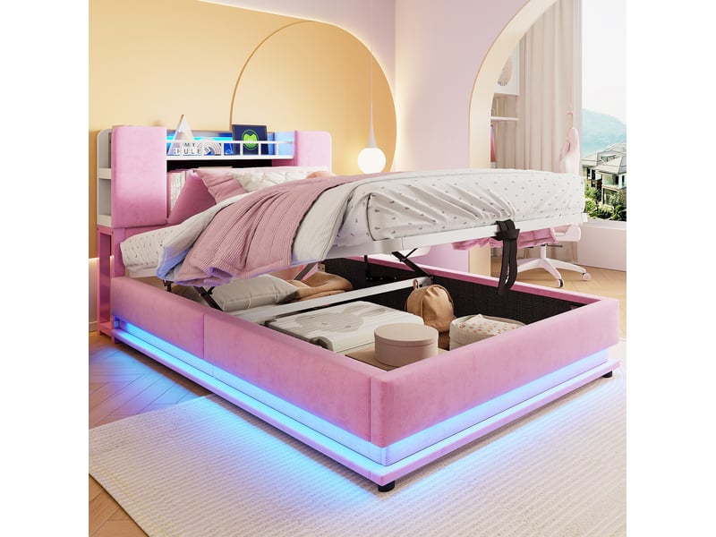  Lit enfant 90 x 200 cm avec led, port usb, rangement hydraulique et velours rose  - Conforama D