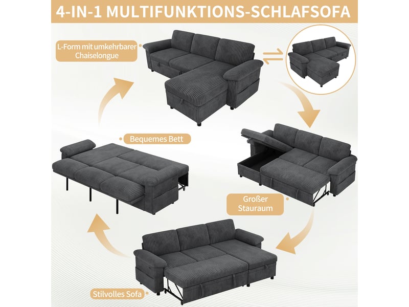  Canapé d'angle convertible réversible en velours côtelé gris avec coffre  - Conforama C