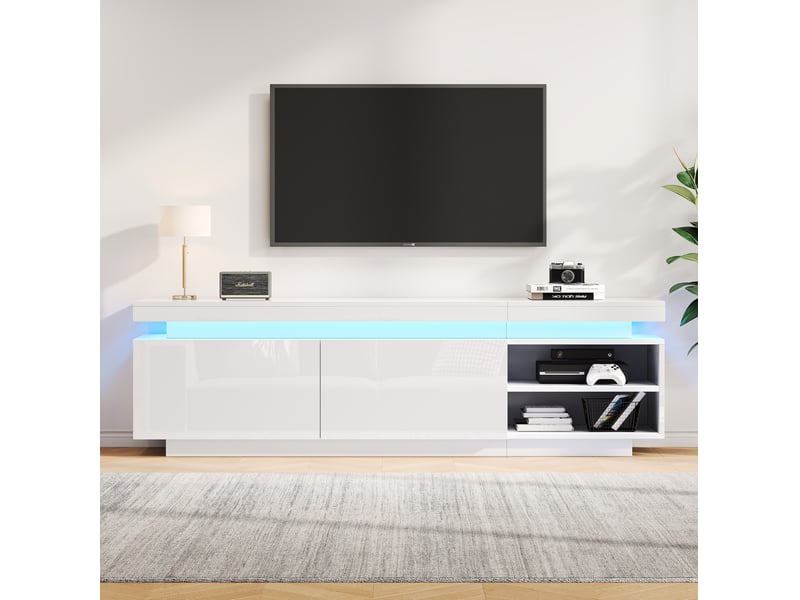  Meuble tv tcqpz 170 x 35 x 50 cm blanc avec led, 2 portes, rangement ouvert, pour tv jusqu'à 70 pouces, panneau de particules  - Conforama B