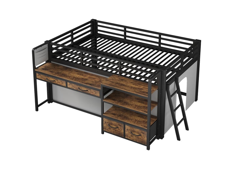  Lit mezzanine métal 140x200 cm - avec bureau et 4 tiroirs - étagères et éclairage led - barrières de sécurité - noir(sans matelas)  - Conforama W