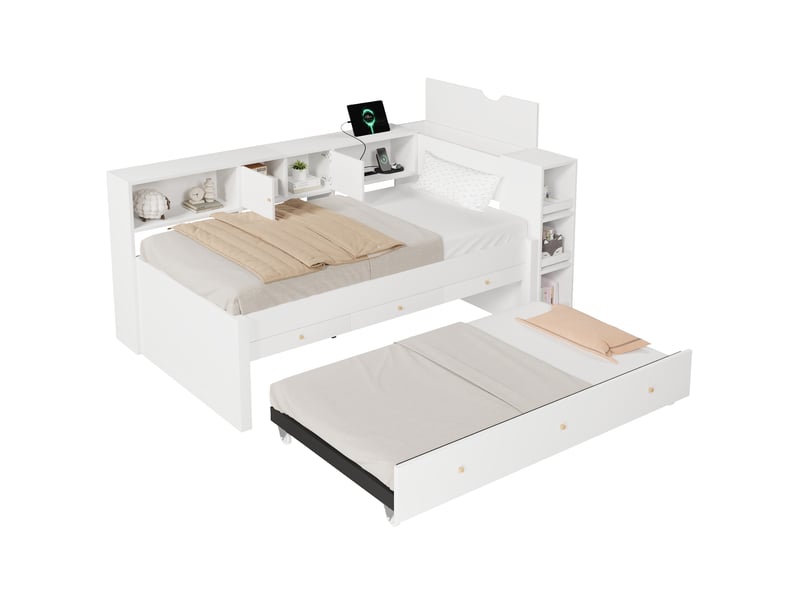 Lit gigogne enfant 90x200 cm blanc bois, 3 tiroirs, lit d'appoint coulissant et port usb pour chambre - Conforama A