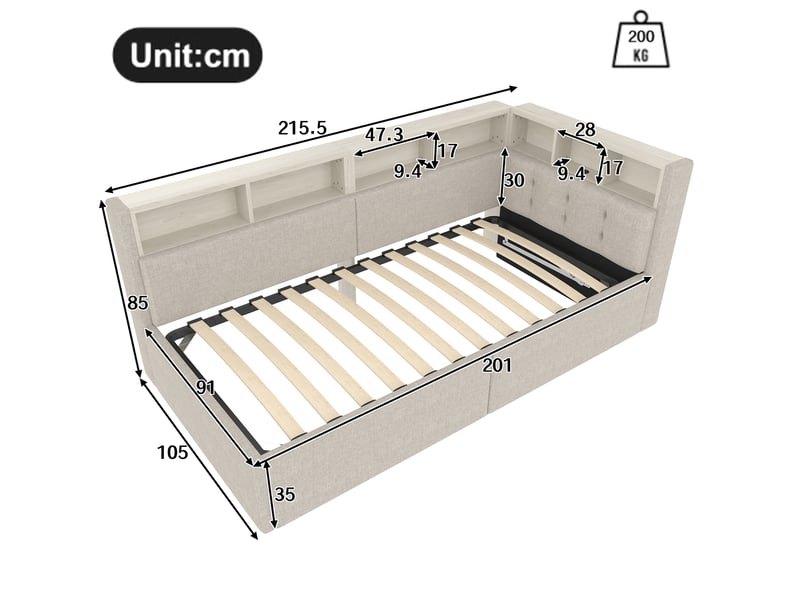  Modenvie lit de jour 90x200 cm - avec led multicolore, rangements et ports usb-c - sans matelas - beige  - Conforama C