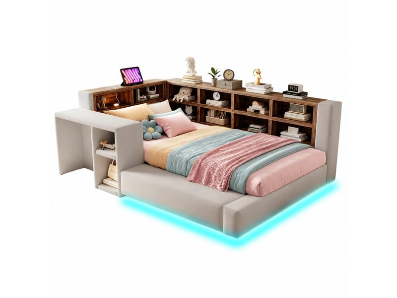  Lit simple 90x200 cm avec rangement et led, en velours gris clair  - Conforama A