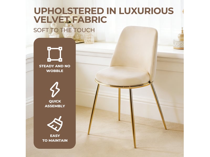  Lot de 2 chaises de salle à manger 56x47x82 cm, dossier haut, design moderne chic, piètement en métal, revêtement velours, teinte crème blanc  - Conforama D