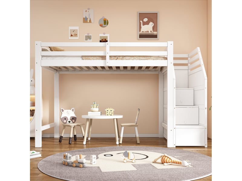  Lit mezzanine 90x200 cm, escalier avec rangement, garde-corps, sommier à lattes, pin et mdf blanc, sans matelas  - Conforama E
