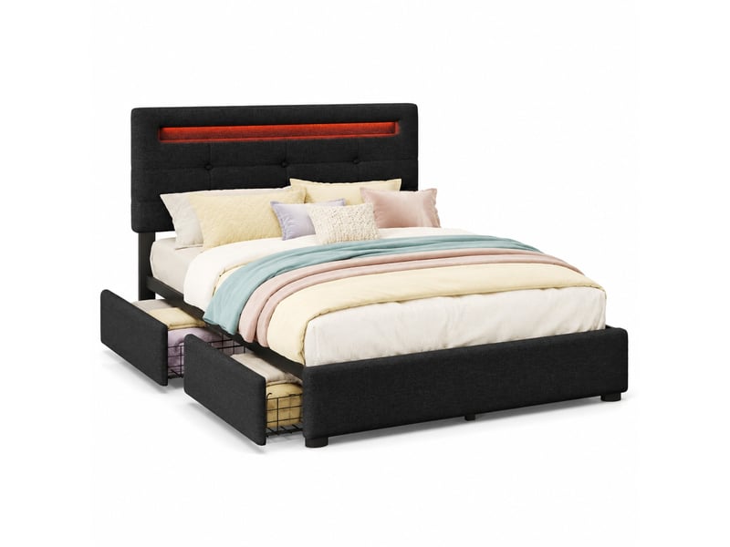  Lit avec tiroirs, lit simple 90x200 cm en tissu noir avec 2 tiroirs, led et tête réglable, sans matelas  - Conforama A