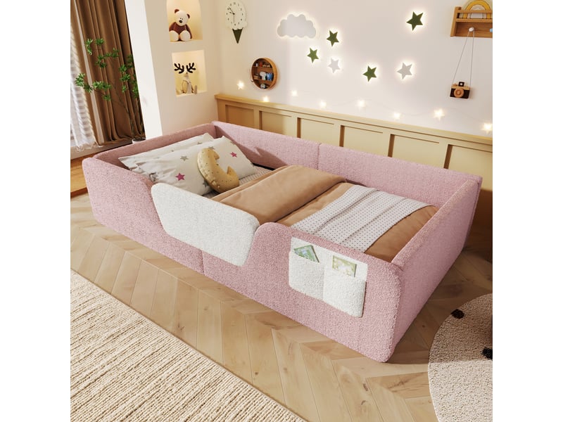  Lit enfant 90x190 cm, lit simple rembourré en velours rose, barrières de sécurité amovibles, côtés rembourrés, poche de rangement intégrée  - Conforama B