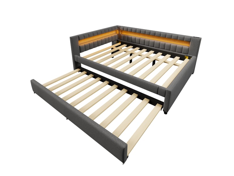  Lit banquette 140x200 en lin gris avec led - lit gigogne 90x190 et ports usbtype-c intégrés  - Conforama A