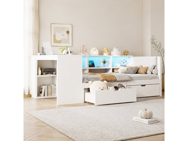 Lit mezzanine 90x200 cm blanc avec rangements, led, prises et tête de lit - Conforama B