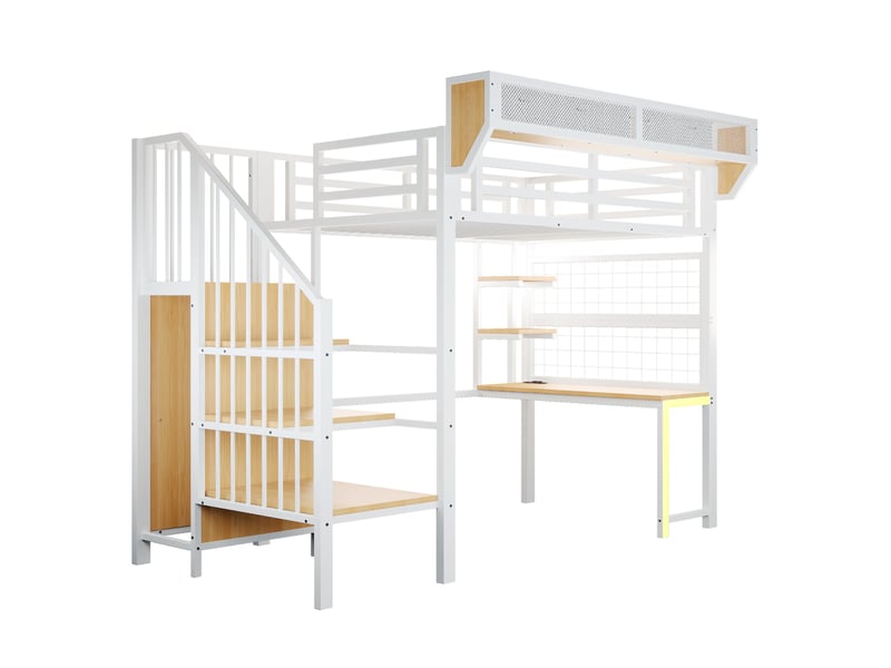  Lit mezzanine métal 90x200 cm avec bureau, étagères et armoire, lit surélevé blanc avec led et prise, lit mezzanine ado gain de place  - Conforama R