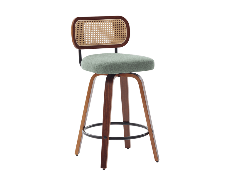  Lot de 2 tabourets de bar 42x56x90cm – avec dossier en rotin et assise rembourrée – noyer et vert  - Conforama C