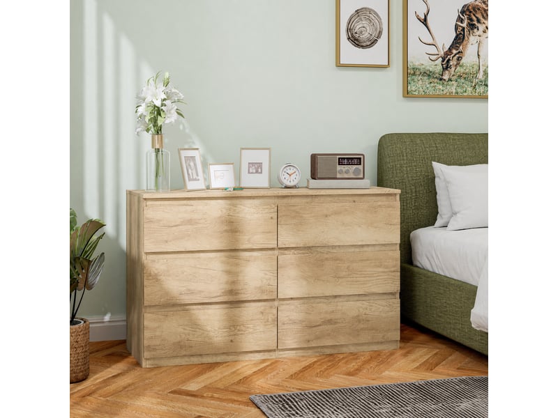 Commode 6 tiroirs meuble de rangement sans poignées design minimaliste 120 x 39 x 75 cm chêne - Conforama C