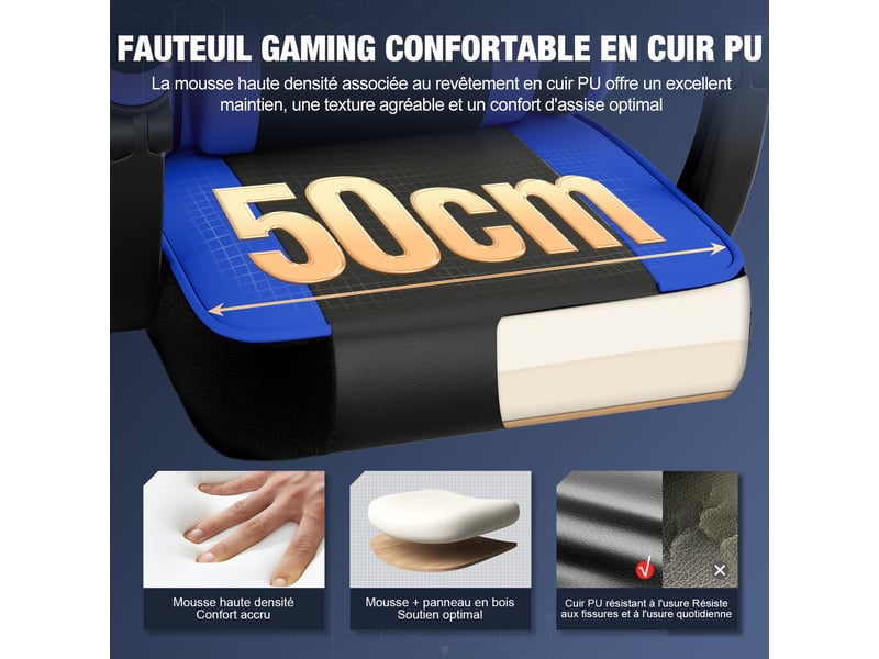  Chaise gaming, fauteuil de bureau ergonomique avec repose-pieds télescopique, chaise bureau avec appui-tête et soutien lombaire, fauteuil gaming ergonomique 150 kg, réglable en hauteur, bleu  - Conforama R