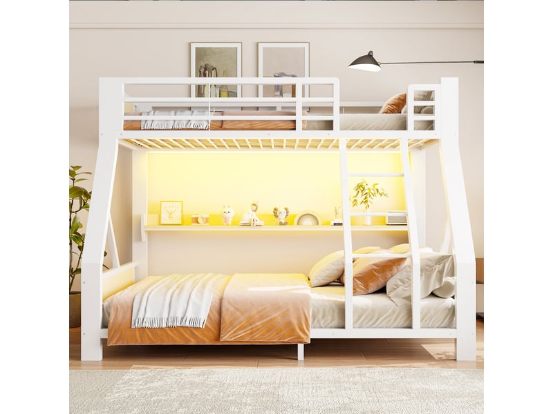 Lit superposé 3 places enfant et ado 90x200 et 140x200 cm avec led, étagère, échelle, garde-corps, structure métal et bois, blanc - Conforama D