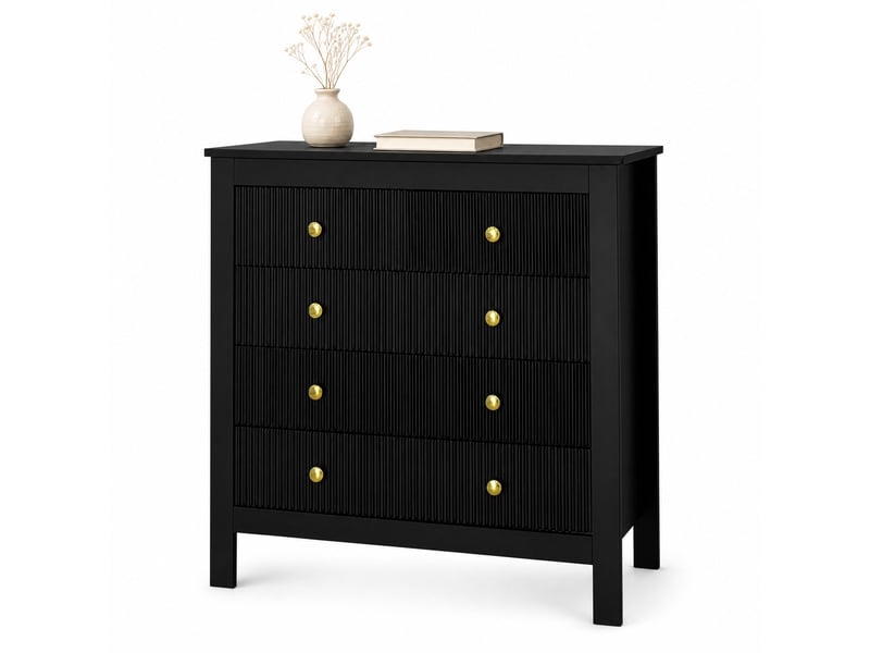  Commode de rangement noire à 5 tiroirs texturés et poignées dorées – 79 x 39,5 x 80,5 cm  - Conforama A
