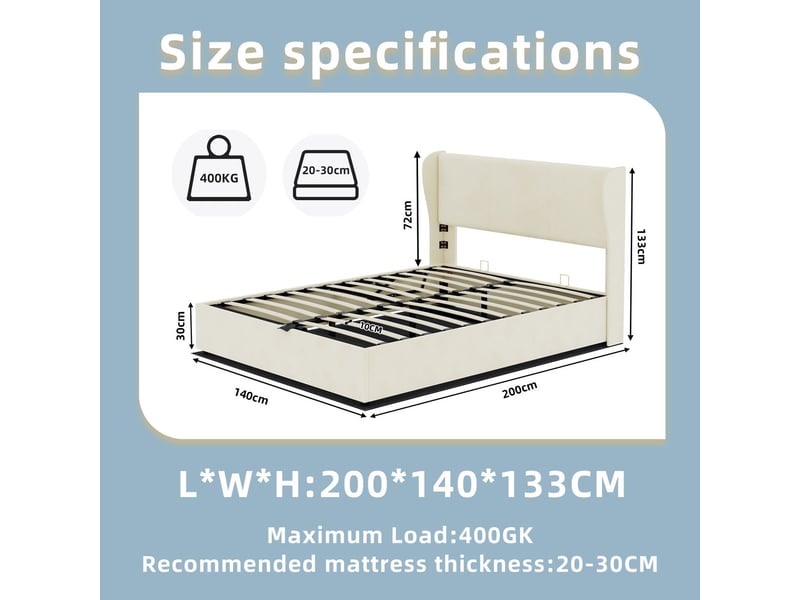  Lit rangement 140 x 200 cm lit double tête de lit rembourrée coloris beige base de rangement haute mécanisme à vérins à gaz lit multifonction  - Conforama C