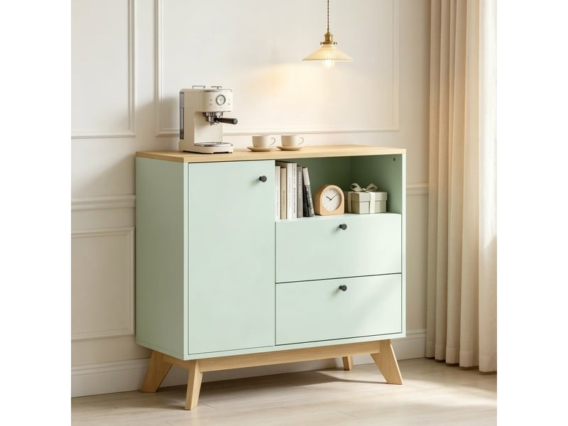  Buffet de cuisine 80 cm vert clair et chêne, 2 tiroirs, porte et étagère réglable  - Conforama B