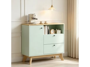 Buffet de cuisine 80 cm vert clair et chêne, 2 tiroirs, porte et étagère réglable