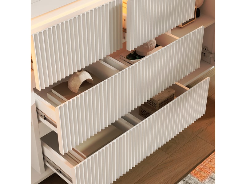 Buffet blanc led 150 × 40 × 78 cm, 6 tiroirs rainurés et 2 portes IKSETERA TRADING LTD - Conforama R