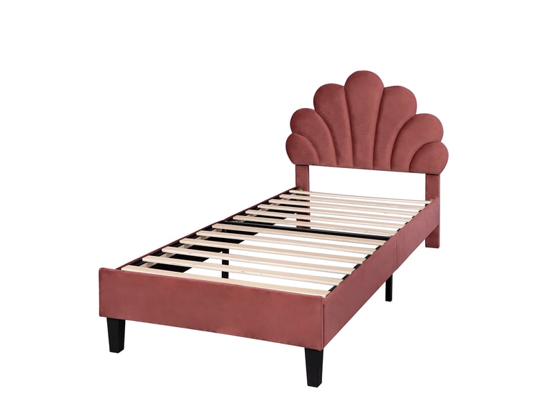 Lit enfant 90x200 cm en velours rouge haricot, tête de lit fleur, sommier à lattes, lit d’appoint - Conforama E