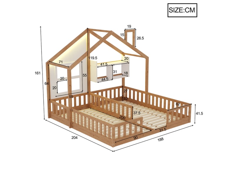  Modenvie lit enfant double 90x200 cm - avec led, avec rangement intégré, sans matelas - pour chambre d'enfant - naturel  - Conforama C
