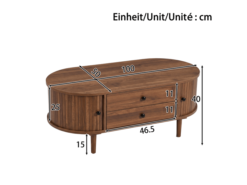  Table basse ovale noyer avec 2 tiroirs et portes coulissantes rainurees, rangement ferme, pieds en bois 100x50x40 cm  - Conforama C