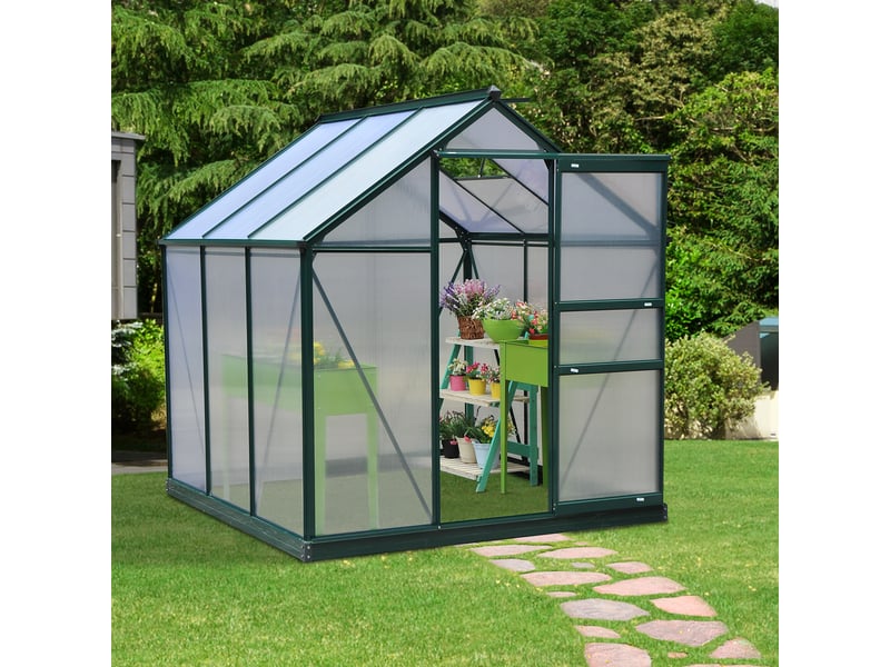  Serre de jardin polycarbonate 190 x 192 x 201 cm résistant aux uv 30+ fondation renforcé gouttière vert foncé  - Conforama D