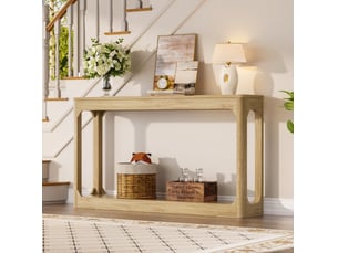 Console de 140 cm avec 2 niveaux de rangement, style moderne, pour entrée, couloir et salon en mdf naturel