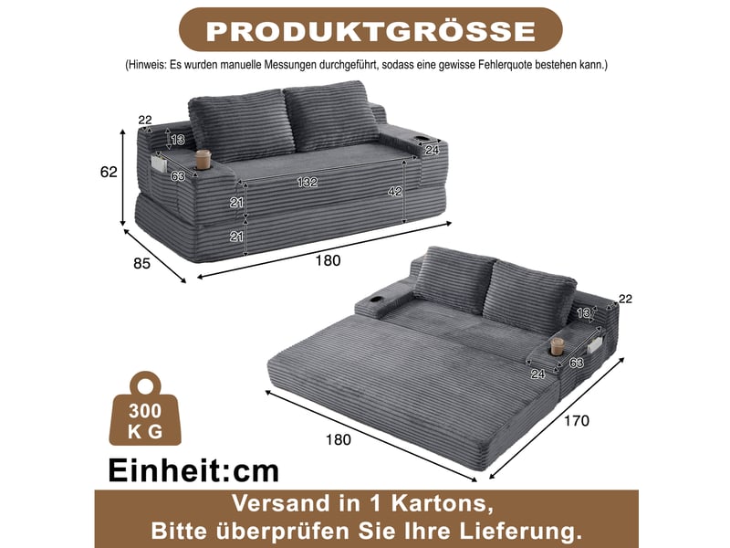  Canapé convertible modenvie 2 places en velours côtelé gris avec porte-gobelets et poches de rangement 180 x 85 x 62 cm  - Conforama C