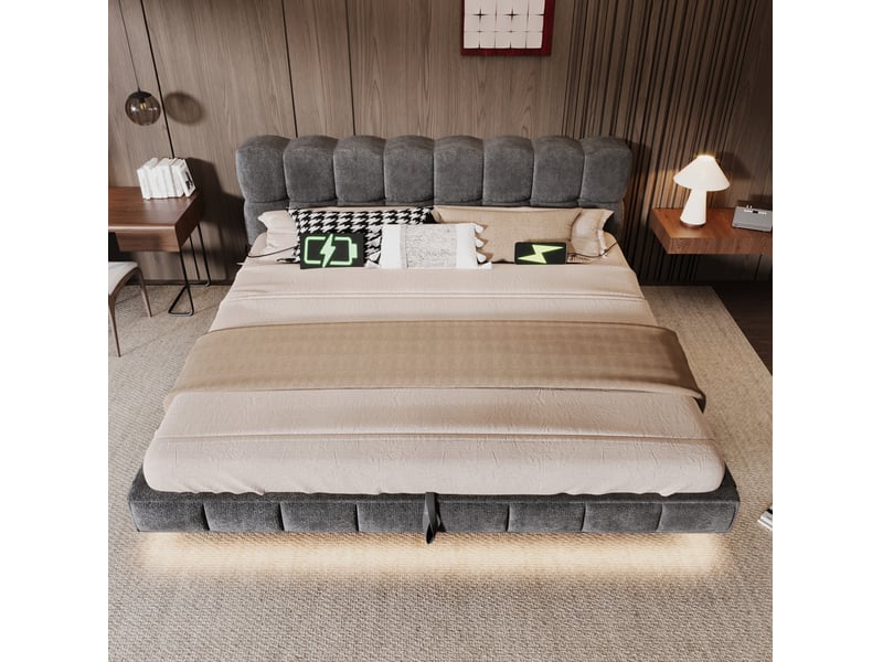  Lit coffre 180x200 cm gris en chenille, led et stations de charge usb type c avec sommier à lattes intégré  - Conforama B