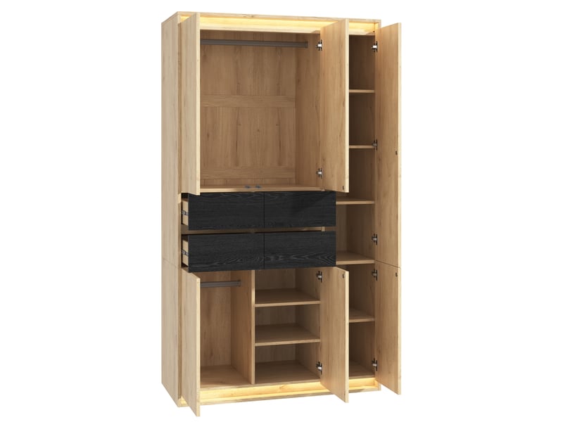 Armoire de chambre avec miroir et led, 4 tiroirs, 2 penderies, 110x47x200 cm, mdf, chêne et anthracite - Conforama W