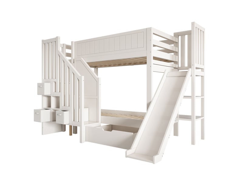 Lit superposé blanc 90x200 cm avec toboggan, échelle, coffre et tiroirs – rangement gain de place - Conforama A
