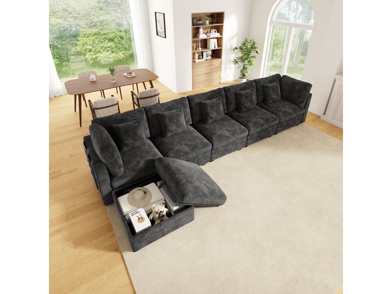  Canapé d’angle xxl modulable 6 places gris en chenille gaufrée avec fonction couchage, pouf coffre mobile, poches latérales, 5 coussins  - Conforama D
