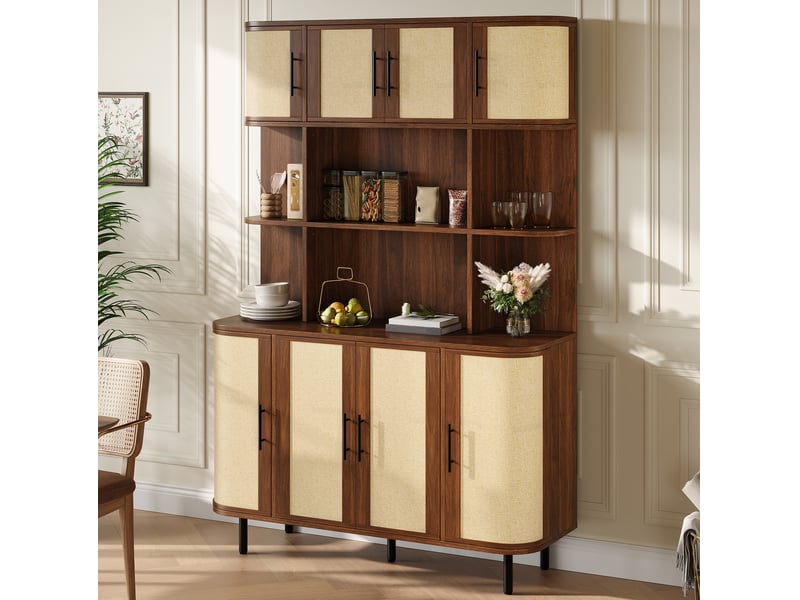  Buffet haut ulevr 8 portes avec rangement, 120 x 40 x 180 cm, mdf noyer, façades tressées, poignées noires et pieds en fer  - Conforama D