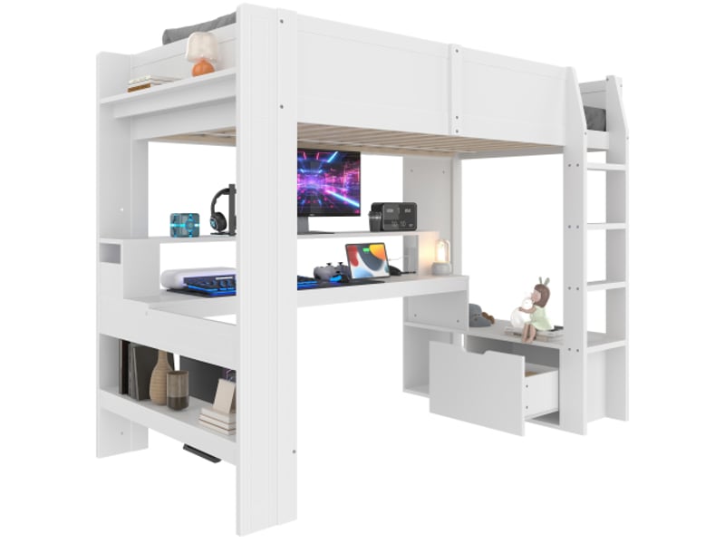  Lit mezzanine 90x200 cm blanc - bureau gamer intégré, led, tiroirs et étagères, sans matelas  - Conforama A