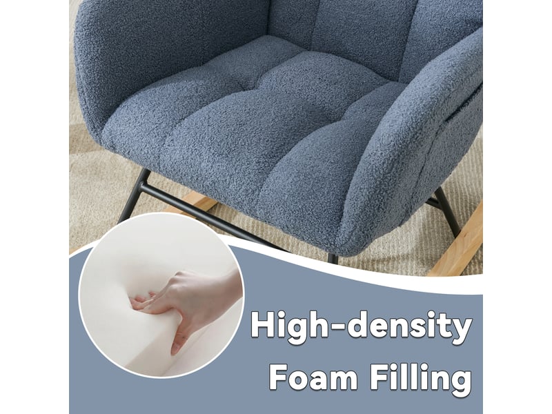  Fauteuil à bascule ergonomique avec dossier à oreilles et accoudoirs, assise rembourrée en tissu teddy bleu marine  - Conforama E