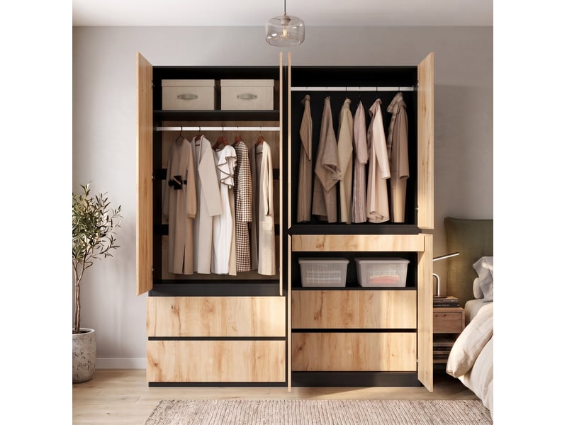 Armoire 6 portes avec 2 penderies et 5 tiroirs, décor bois clair à détails noirs pour chambre, 180 × 50 × 200 cm - Conforama C