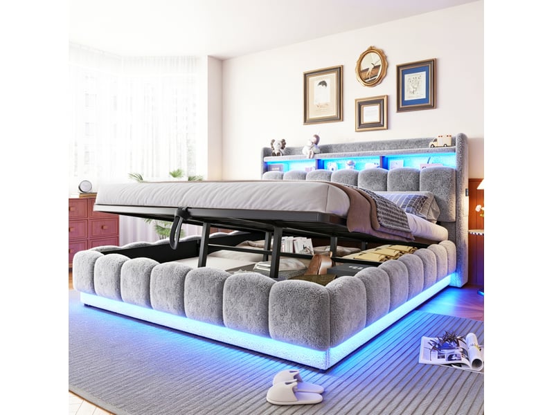  Lit coffre 180 × 200 cm 2 places avec led, usb et rangement hydraulique, sans matelas, en tissu gris  - Conforama C