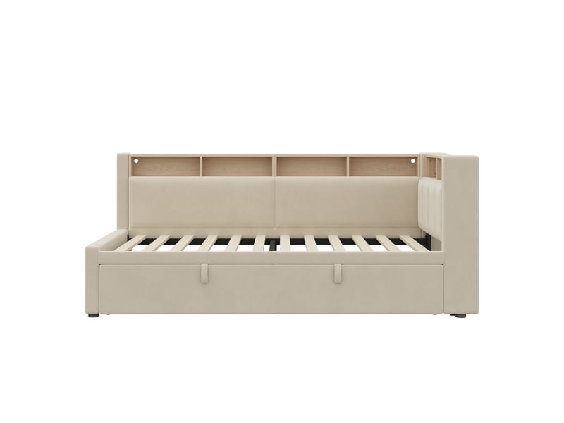  Canapé-lit rembourré 90x200 cm extensible 180x200 cm,éclairage led,tête de lit d'angle avec rangement,lit de jour,tissu lin,sans matelas,beige  - Conforama W