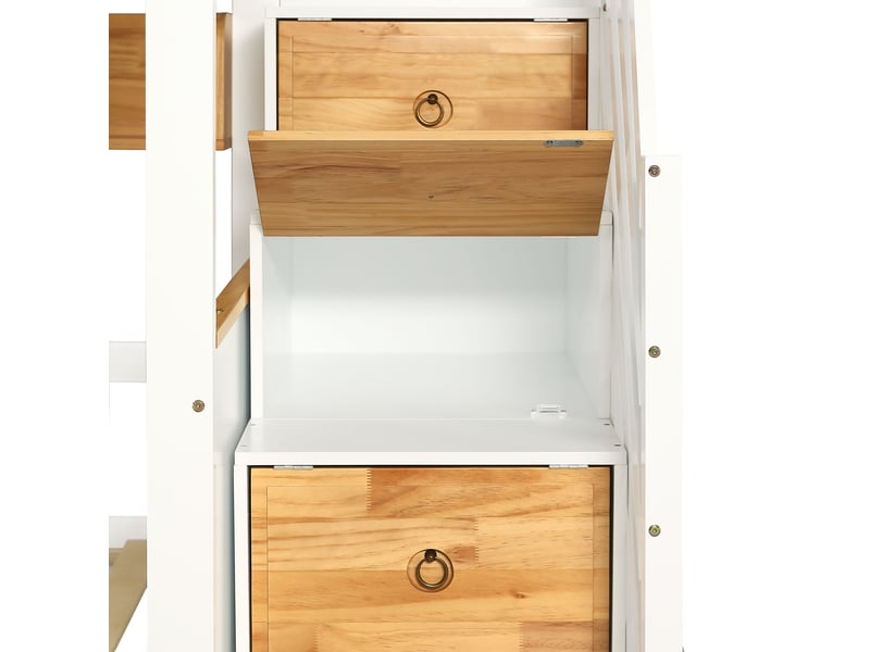  Lit superposé avec escalier de rangement - 90x200cm - 4 casiers dans l’escalier et 2 tiroirs sous le lit - avec sommiers à lattes - blanc et naturel  - Conforama E