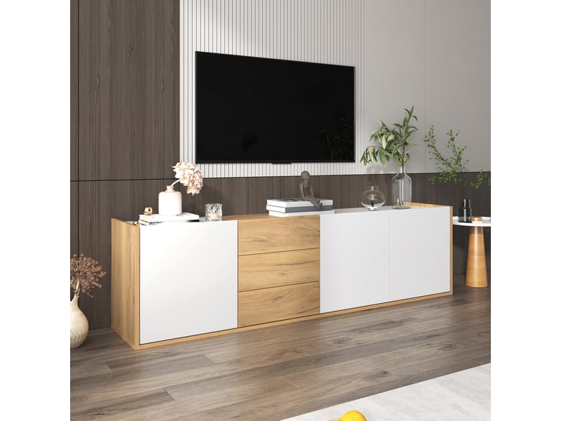  Meuble tv avec 3 portes, 3 tiroirs et étagères réglables pour salon en mdf 171,5×35×47 cm blanc bois  - Conforama D